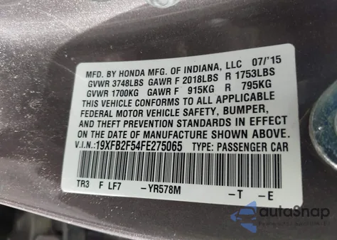 2015 Honda Civic Lx из США, поврежденный, VIN 19XFB2F54FE275065